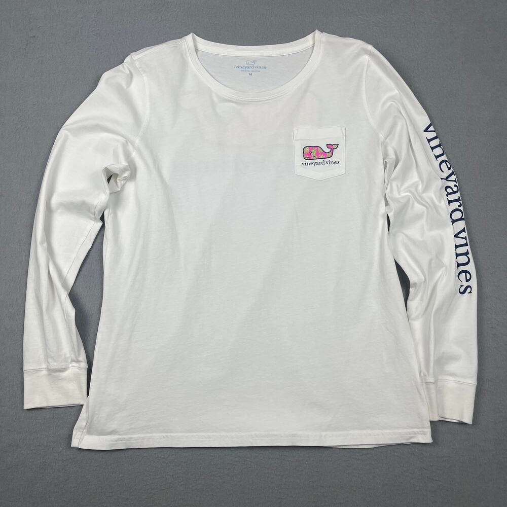 Vineyard Vines White L/S Pineapple Pattern Pink Whale Pocket Tee Women's M